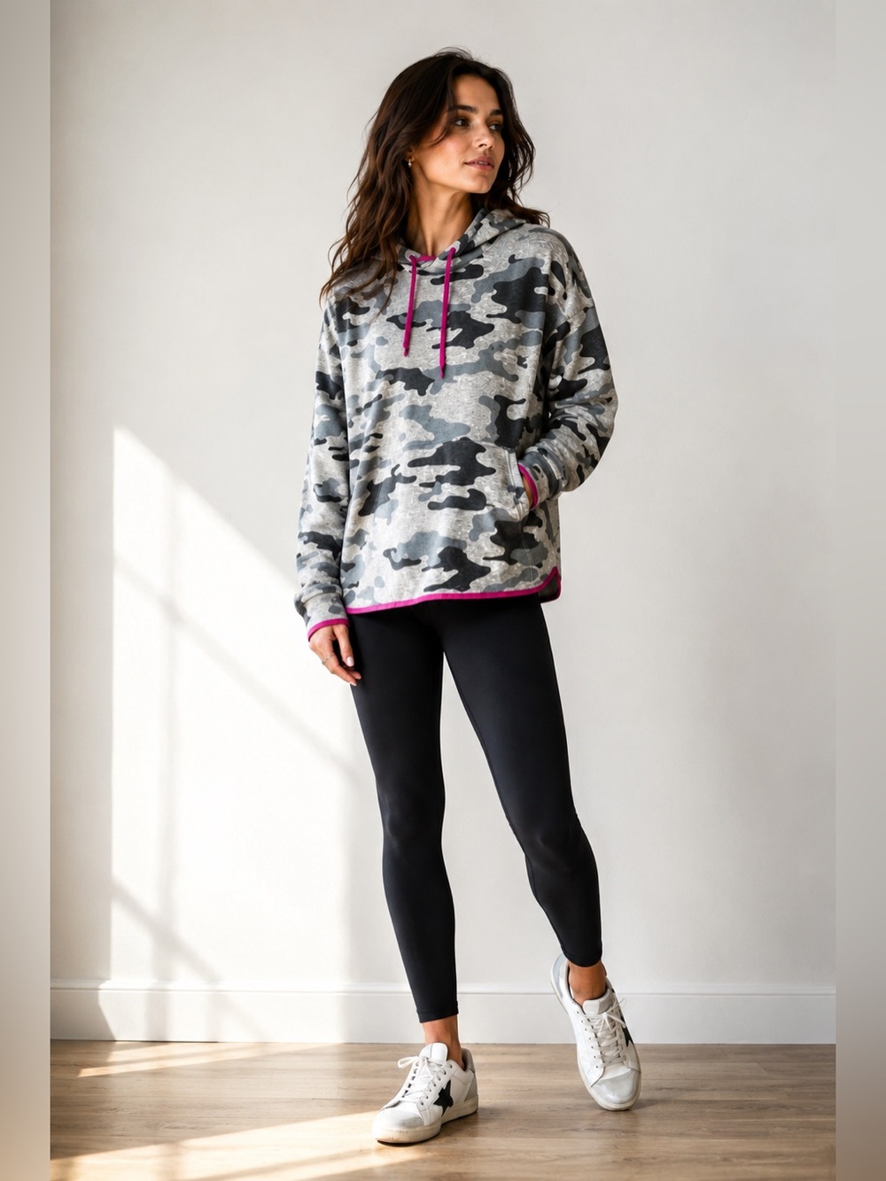Sundry Gray Camo Hoodie with Pink Accents